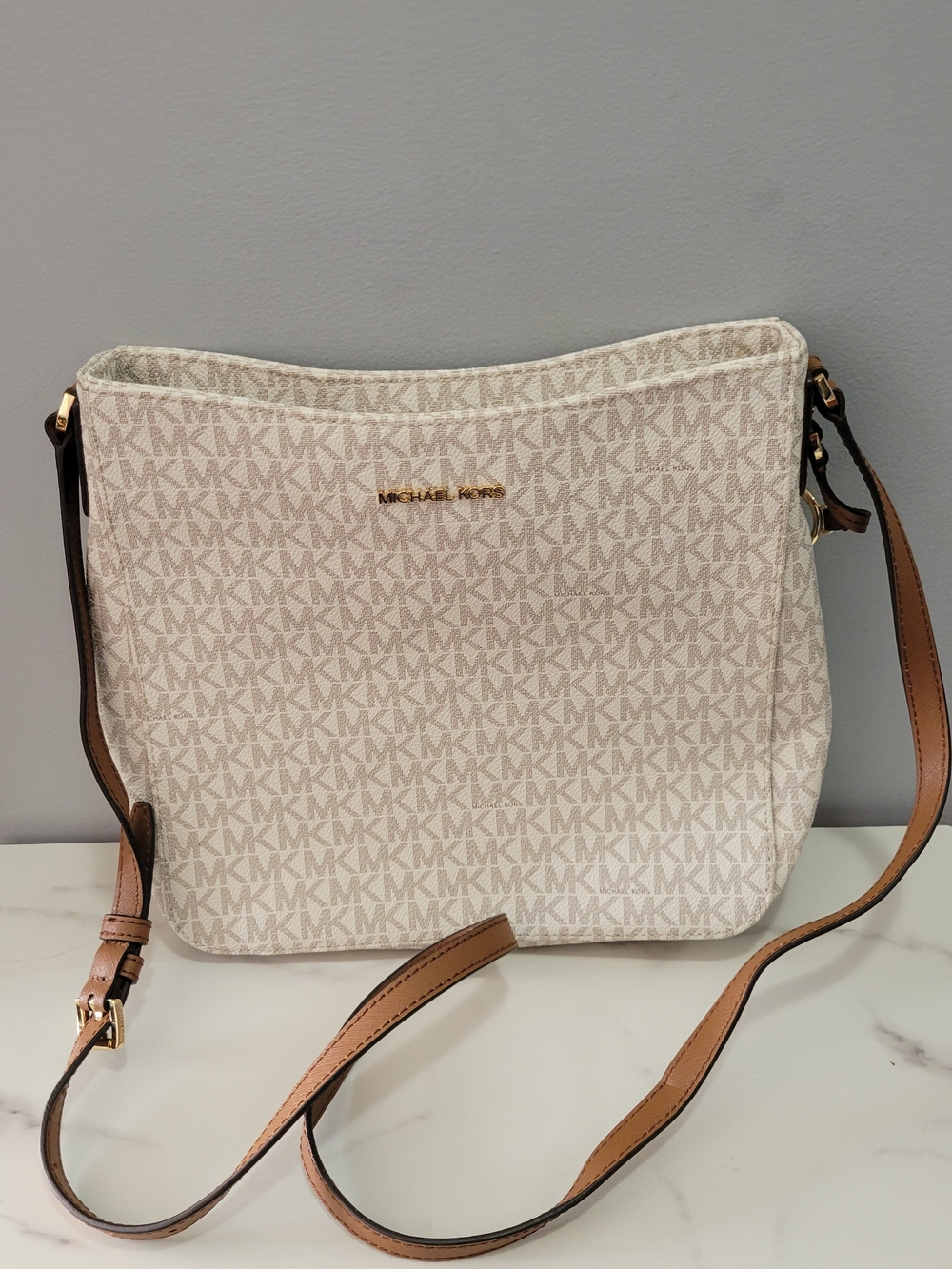 Michael Kors White Signature Crossbody Bag with Tan Strap